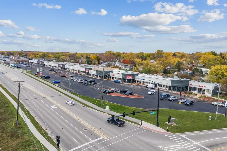 Aerial view of Lindenhurst Center, a neighborhood retail strip on a busy road, Lindenhurst, Illinois.